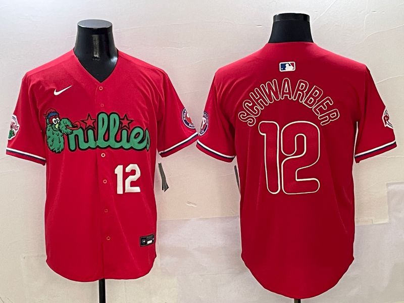 Men Philadelphia Phillies #12 Schwarber Red three generations Joint Name 2025 Nike MLB Jersey style 3